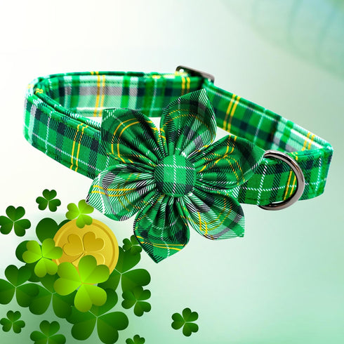 Lionheart Glory St. Patrick's Day Dog Collar, Green Plaid Flower Collar for Medium Dogs, Heavy Duty Cute Collars