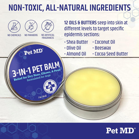Pet MD Dog Paw Balm, 3-in-1 Moisturizer for Paw, Nose/Snout & Elbow, 2 oz Paw Wax with Shea Butter