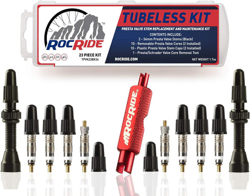 Tubeless Presta Valve Stem Kit for Bikes, Includes Presta Valve Stems, Cores, and Removal Tool