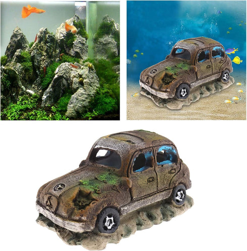 Create Idea Aquarium Fish Tank Decor, Resin Imitation Accident Car Landscape Ornament, Brown