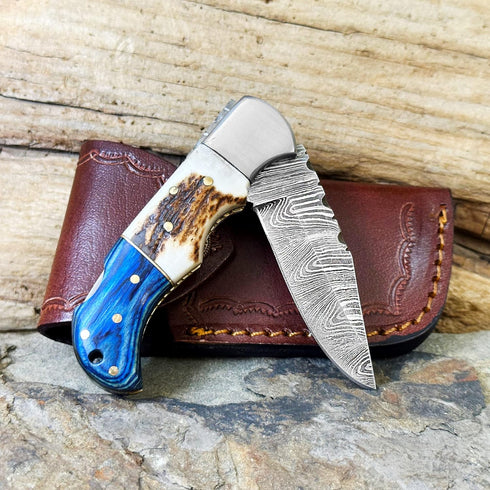 WINTERFELL Damascus Pocket Knife For Men - 6.5" Handmade Folding Knife with Leather Sheath for Hunting and Camping