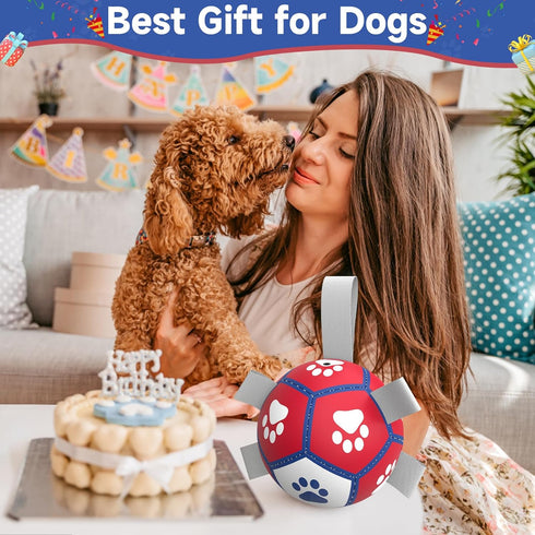 Dog Toys Soccer Ball with Straps - Interactive Balls for Tug of War and Yard Games, Herding Ball for Small Dogs, Pet