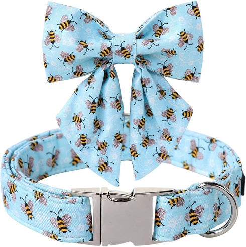 Maca Bates Blue Bee Dog Collar | Adjustable Bowtie for Small Medium Large XL Dogs with Golden Metal Buckle