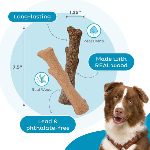 Outward Hound Dogwood Durable Chew Toys, Real Wood & Calming Hemp, 2-Pack, Medium