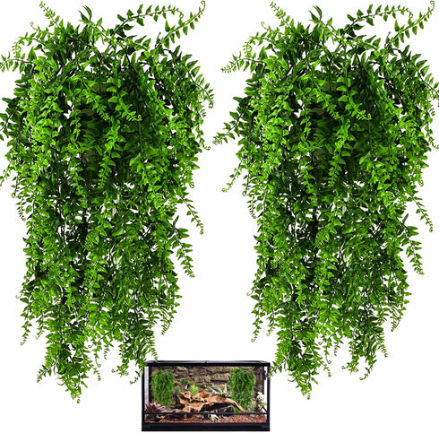 HERCOCCI 2 Pack Reptile Plants, Artificial Hanging Vines Habitat Decorations with Suction Cup for Bearded Dragon,