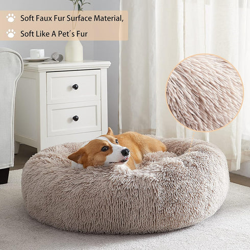 WNPETHOME Calming Dog Bed Cat Bed Donut, Faux Fur Self-Warming Cuddler, Round Plush (30 x 30 x 10 Inch, Brown)