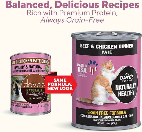 Dave's Pet Food Grain Free Wet Cat Food (Beef & Chicken Pate), 12.5 oz Cans (Case of 12), Made in USA with Added