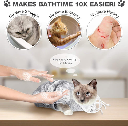 Cat Shower Net Bag, Adjustable Grooming Bathing Bag for Cats, Prevent Biting and Scratching (Grey)