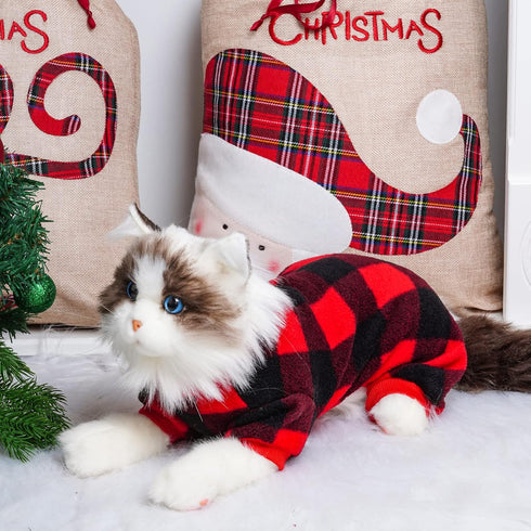 Pet Christmas Pajamas, X-Large Red Black Buffalo Plaid Jumpsuit for Dogs & Cats, Soft Winter Clothes