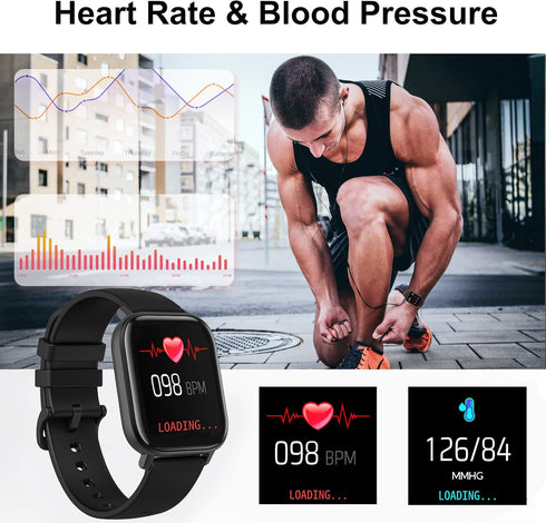 Fitness Tracker Smart Watch, Heart Rate, Blood Pressure, Blood Oxygen Monitor, Pedometer, Compatible with Android and