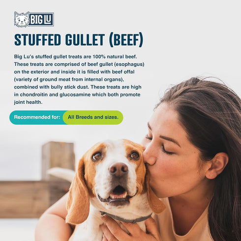 Big Lu Stuffed Gullet Dog Treats - Premium 100% Beef, All-Natural Chews, High Protein, 6-Inch Sticks (20 Sticks)
