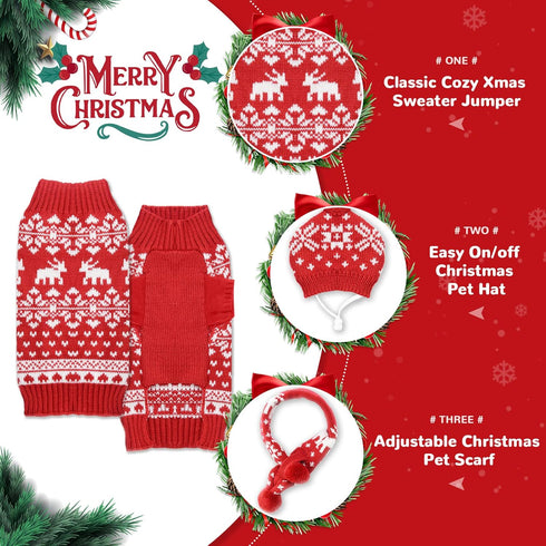 Dog Christmas Sweater Scarf and Hat Set, Cute Red Reindeer Snowflake Outfits for Small Dogs Cats, Large