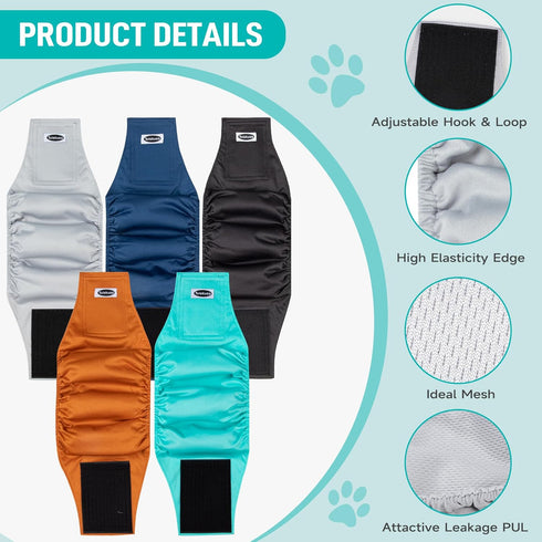 Wraps(5 Pack) Tuiskusa Male Dog Diapers, High Absorbing Dog Belly Bands for Male Dogs, Washable Reusable Dog Male