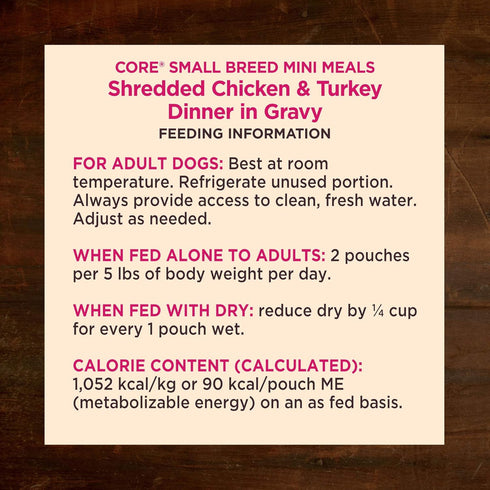 Wellness CORE Natural Grain Free Mini Meals Wet Dog Food, Shredded Chicken & Turkey Dinner in Gravy, 3-Ounce Pouch