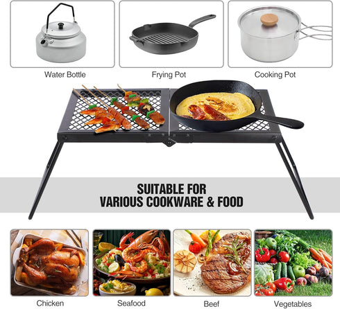 REDCAMP Heavy Duty Folding Campfire Grill Steel Grate, Portable Cooking Rack Over Fire Pit with Carry Bag