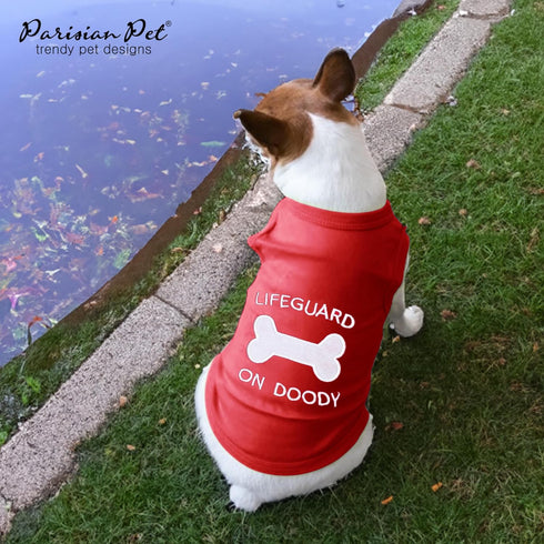 Parisian Pet Dog Tshirt, "Lifeguard on Doody" Embroidered, Red, Pure Cotton, XL3, Machine Washable