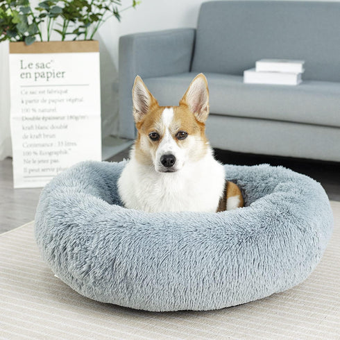 Anti Anxiety Round Fluffy Plush Faux Fur Dog Bed, Washable Bed for Small Medium Large Pets, Relieves Joints, 24", Light
