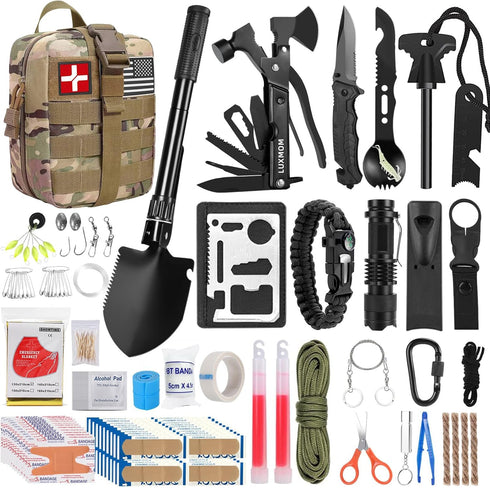 LUXMOM Survival Kit and First Aid Kit, 142Pcs Professional Gear with Molle Pouch for Men Camping Outdoor