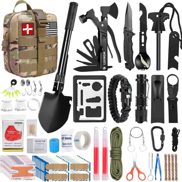LUXMOM Survival Kit and First Aid Kit, 142Pcs Professional Gear with Molle Pouch for Men Camping Outdoor