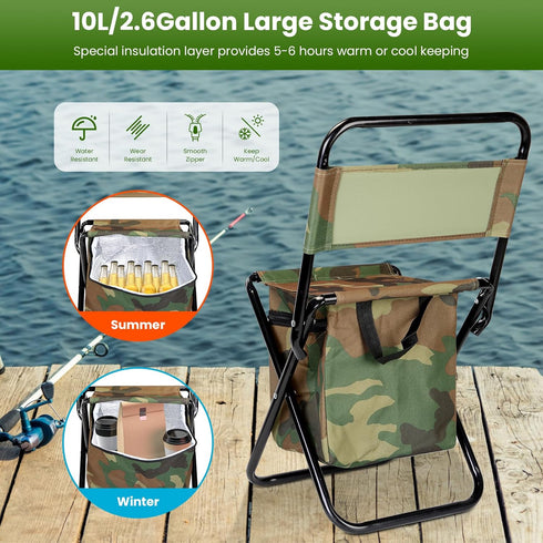 TeqHome Portable Foldable Fishing Chair with Cooler Bag, Lightweight Folding Camping Chair, Outdoor Backrest Stool