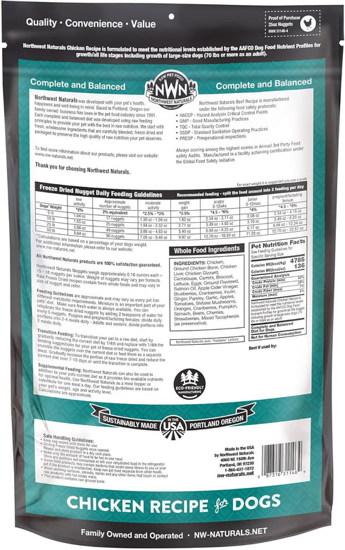 25 Oz Northwest Naturals Freeze-Dried Chicken Dog Food - Bite-Sized Nuggets - Grain-Free, High-Protein, Raw Diet