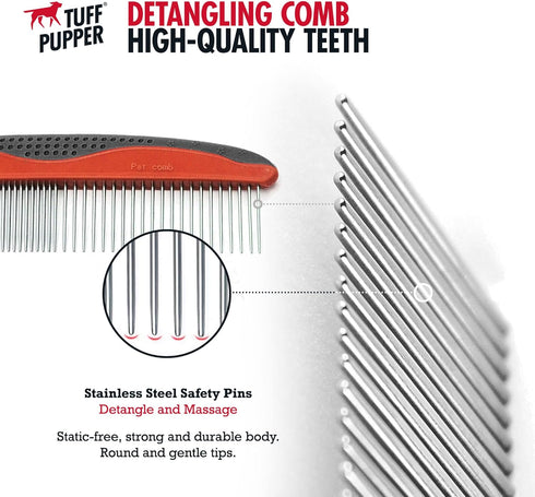 Tuff Pupper Dog Grooming Comb Set, Ergonomic Pet Detangling Combs, No-Slip Handle, Rounded Tips