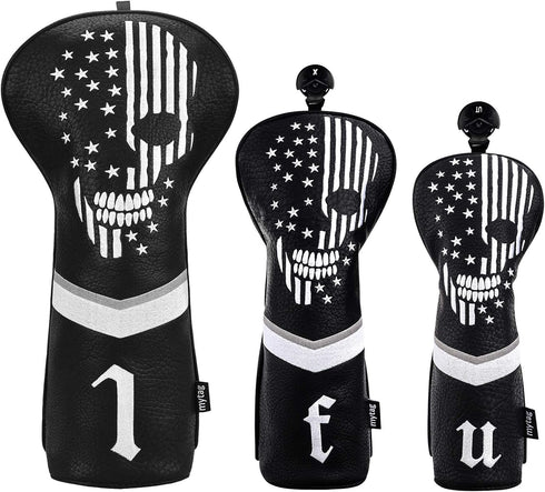 mytag Golf Skull Skeleton Head Cover, Black Leather Golf Club Headcovers Set for Driver, Fairway Wood