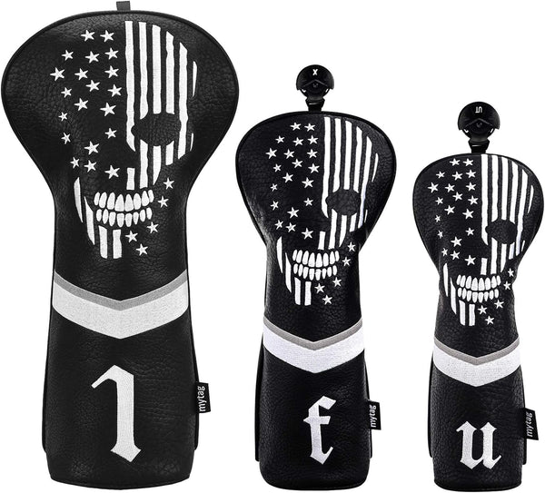 mytag Golf Skull Skeleton Head Cover, Black Leather Golf Club Headcovers Set for Driver, Fairway Wood