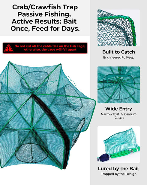DHOEM 3 Pack 12"x21" 1" Collapsible Hexagon Crab Trap, Cylindrical Crawfish & Bait Trap with Entry Holes, Lobster