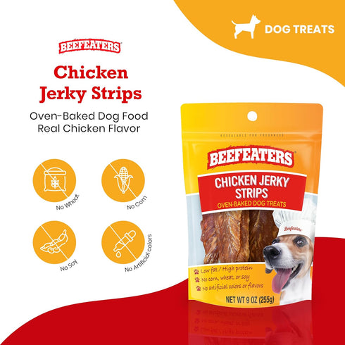 Beefeaters Dog Treats - Chicken Jerky Strips 9oz | Dog Food 100% Real Chicken Breast | Grain-Free, No Artificial Additives, Ideal for Training & Reward | Dog Training Treats for All Dog Sizes