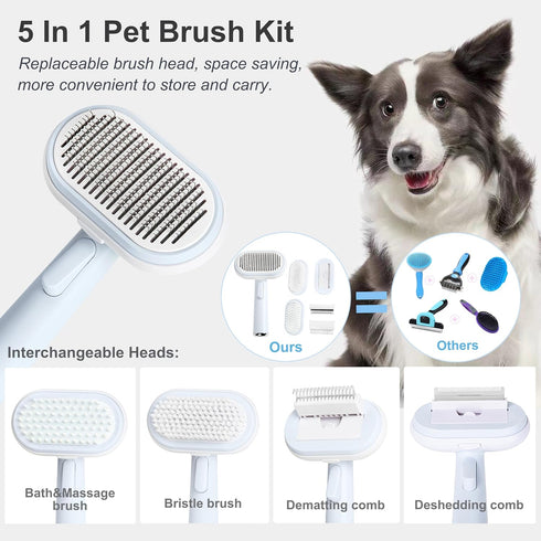5 IN 1 Pet Grooming Brush Kit, Self Cleaning Slicker Brush for Dogs & Cats, Suitable for Small & Large Pets, Blue