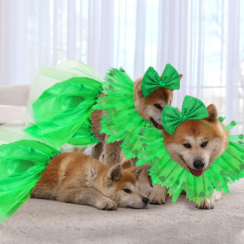 Weewooday 3 Pieces St. Patrick's Day Dog Costume, Mardi Gras Girl Dog Tutu Skirt and Bowtie Headband for Small Puppy