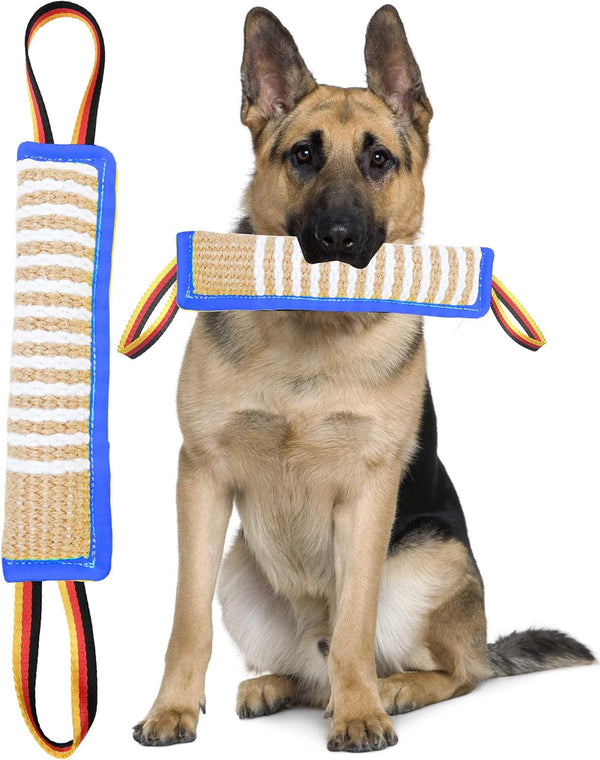 Dog Tug Toy - Tough Jute Bite Pillow for Interactive Training, Two Flag Handles for Puppies to Large Dogs, Aggressive