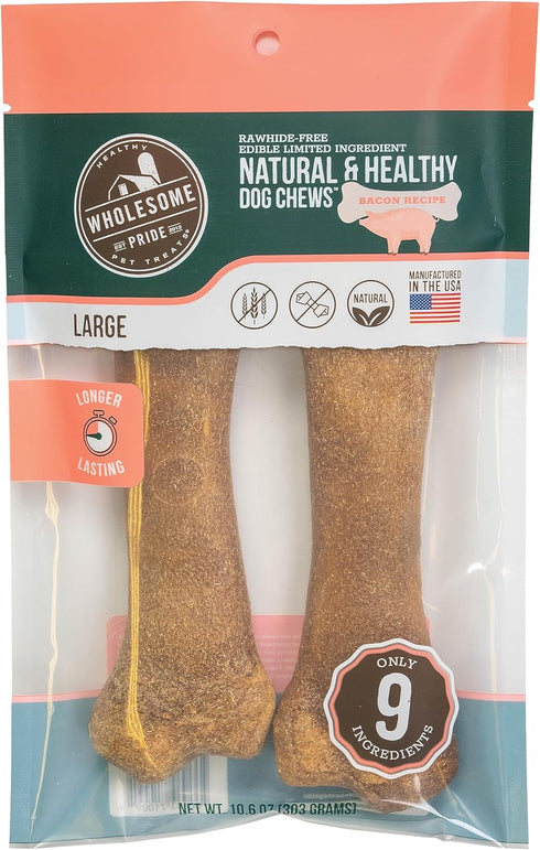 Wholesome Pride Natural & Healthy Dog Chews 2Pk, Bacon Flavor, for Large Dogs