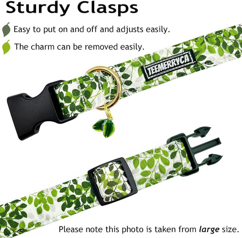 TEEMERRYCA Summer Comfortable Cotton Dog Collars, Green Leaf Print for Female Male Small Medium Large Dogs