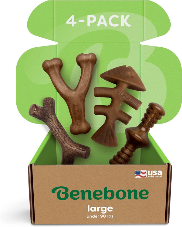 Benebone Large 4-Pack Dog Chew Toys for Aggressive Chewers | Made in USA, 90lbs and Under