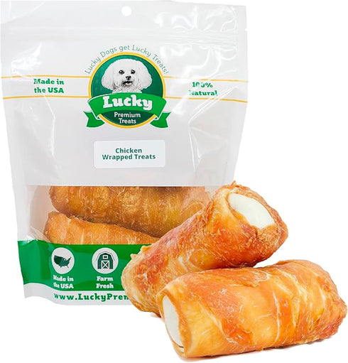 Lucky Premium Treats Chicken Wrapped Dog Treats USA Made Raw Hide Sticks