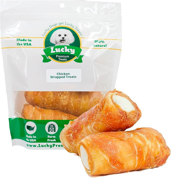 Lucky Premium Treats Chicken Wrapped Dog Treats USA Made Raw Hide Sticks