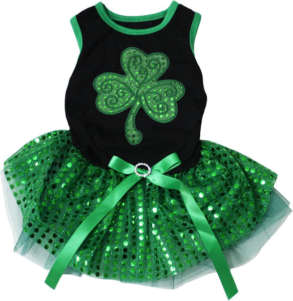 Petitebella Green Sequins Clover Puppy Dog Dress, Small, Black/Green Sequins