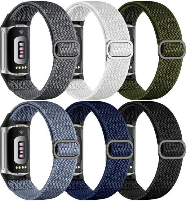 Maledan Compatible with Fitbit Charge 5/6 Bands, Soft Adjustable Elastic Nylon Strap Replacement Band, 6 Pack