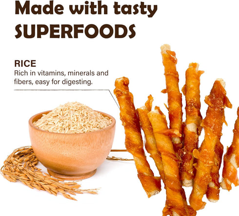 Afreschi Turkey Tendon for Dogs: All Natural Human Grade Dog Treat, Hypoallergenic, Wrapped Rice Stick