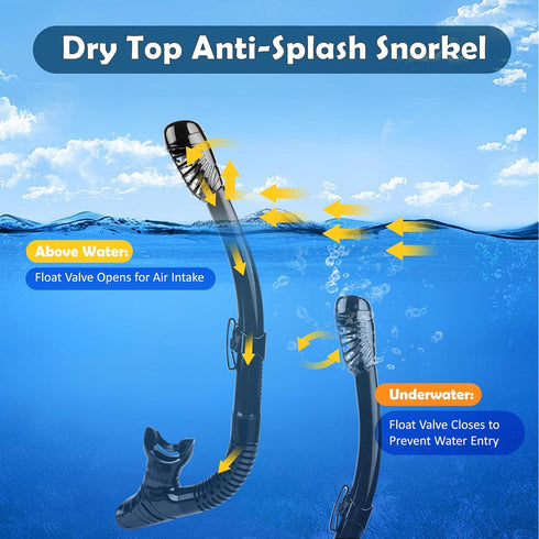 Snorkeling Gear Set for Adults: Anti-Fog Mask, 3-Piece Dry Top Snorkel, Panoramic View with Gear Bag
