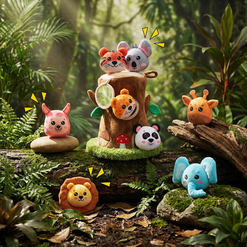 JolliLudo 13 Pcs Hide and Seek Dog Toys Activity Puppy Chew Squeaky Animal Plush Woodland Toys with Crinkle Treehouse