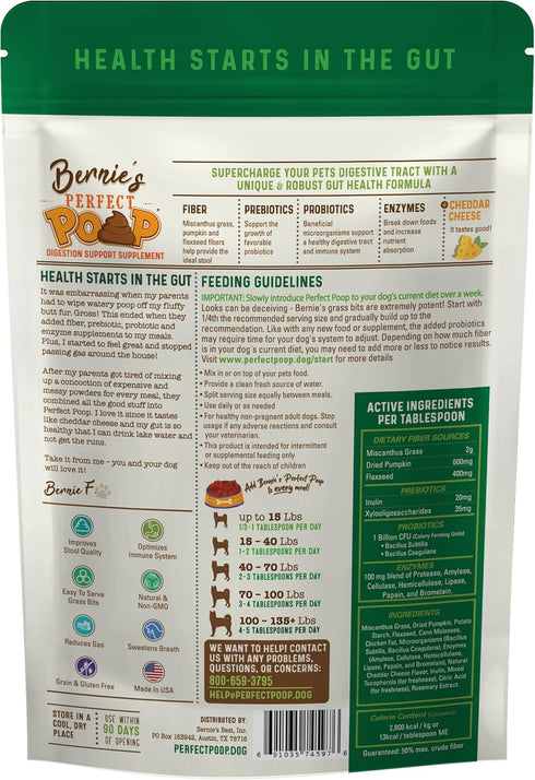 Perfect Poop Digestion & General Health Supplement for Dogs, Fiber, Prebiotics, Probiotics & Enzymes (Cheddar Cheese,