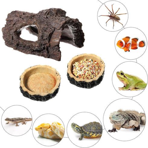 Reptile Hide, Food Bowls, Lizard Resin Hollow Tree Trunk Hideout, Bearded Dragon Tank Accessories, 3 Pcs (Brown Rock)