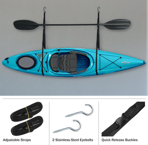 Single Kayak Rack, 55lb Capacity Wall or Ceiling Storage Straps for Surfboards, Paddleboards, Canoe