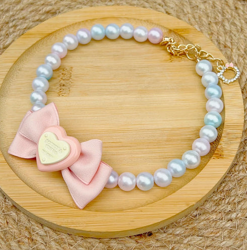KUDES Adjustable Dog Necklace, Elegant Princess Style Pink Pearl Collar with Bow for Female Dogs, 2XL (18.8-21.6 Inches)