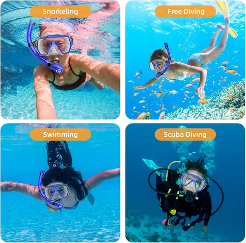 Snorkel Set for Adults, Anti-Leak and Anti-Fog Tempered Glass Lens Swim Mask with Dry Top Snorkel Kit