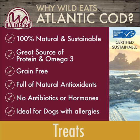 Wild Eats 3 OZ Cod Single Ingredient Dog Treats, Chews & Snacks - Great Alternative to Dog Bones