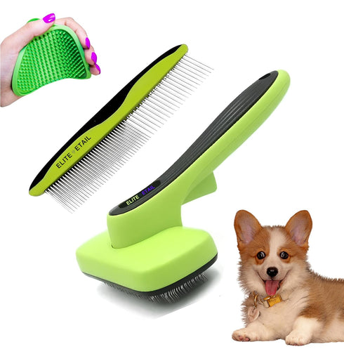 ELITE ETAIL Self Cleaning Pet Hair Brush with Comb and Bath Brush, Grooming Kit for Dogs and Cats, 7 in Long